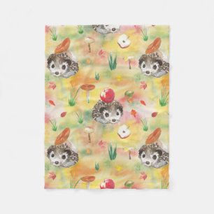 Couverture Polaire Watercolor hedgehog with mushrooms and apple