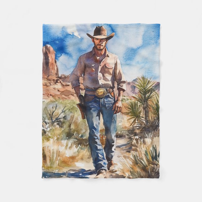 Couverture Polaire Watercolour Cowboy in Desert (Devant)
