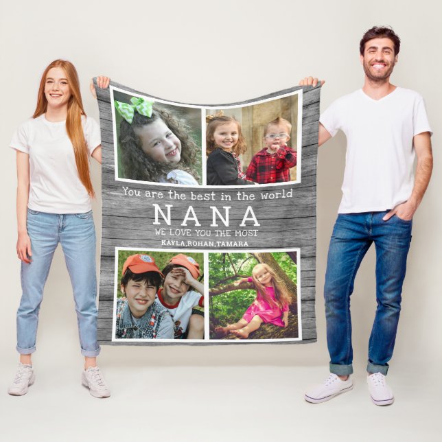 Couverture Polaire We Love You Nana 4 Photo Collage Grey Wood (En situation)