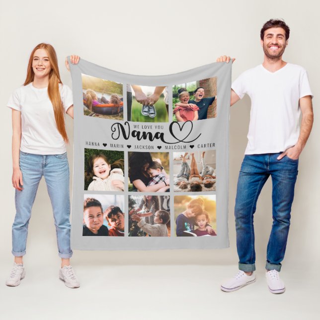 Couverture Polaire We Love You Nana Grandkid Names Grey Photo Collage (En situation)