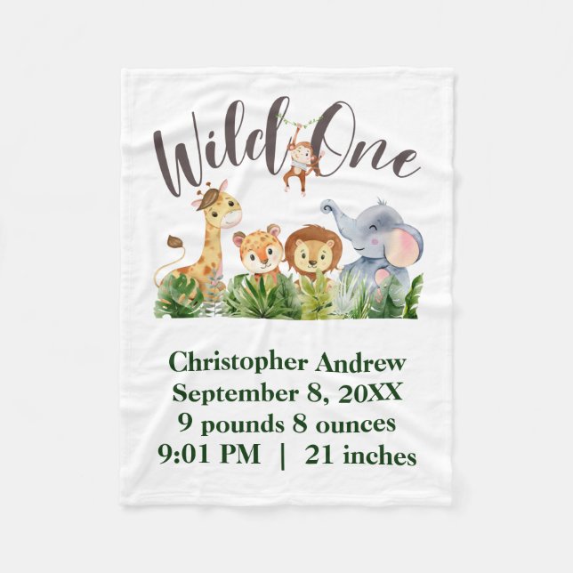 Couverture Polaire Wild One Baby Animals Jungle Safari Naissance Stat (Devant)