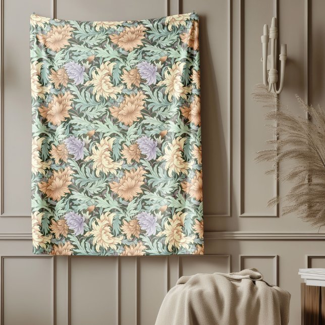 Couverture Polaire William Morris Inspiré pastel vert pêche ivoire (William Morris Inspired pastel green peach ivory Fleece Blanket)