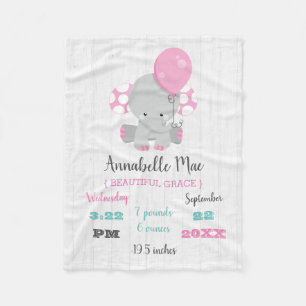 Couverture Polaire Wood rose Elephant Girl Baby Stats de naissance