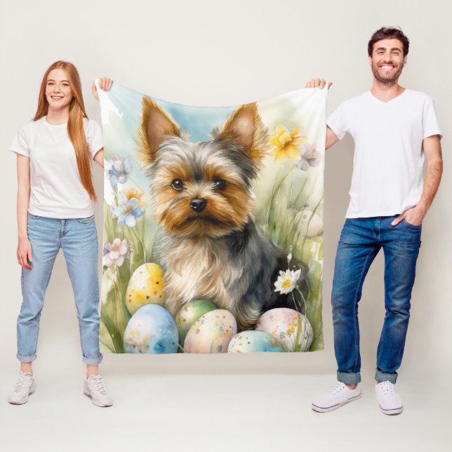 Couverture Polaire Yorkshire Terrier Chien Avec Oeufs De Pâques Vacan (En situation)