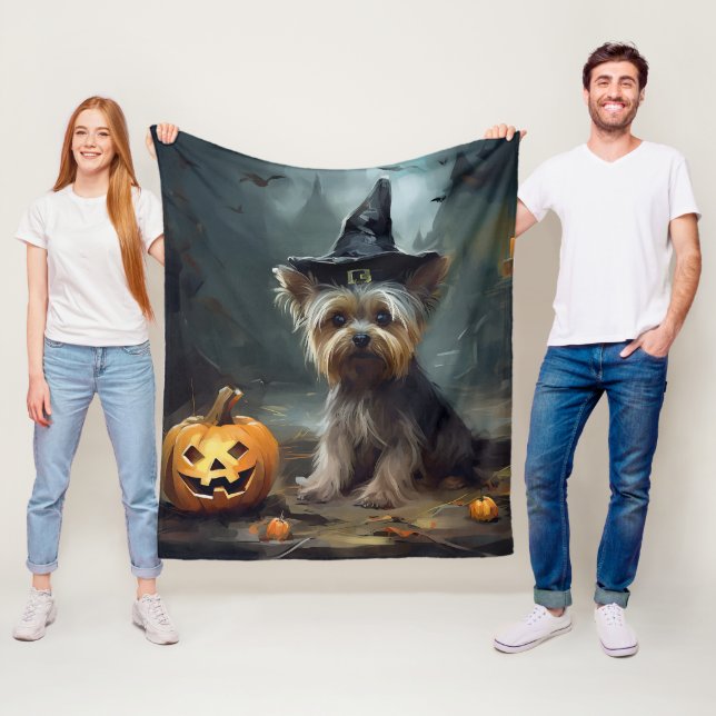 Couverture Polaire Yorkshire Terrier Citrouilles Halloween effrayant (En situation)