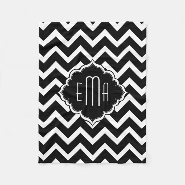 Couverture Polaire Zigzag géométrique noir et blanc monogramme Chevro (Devant)