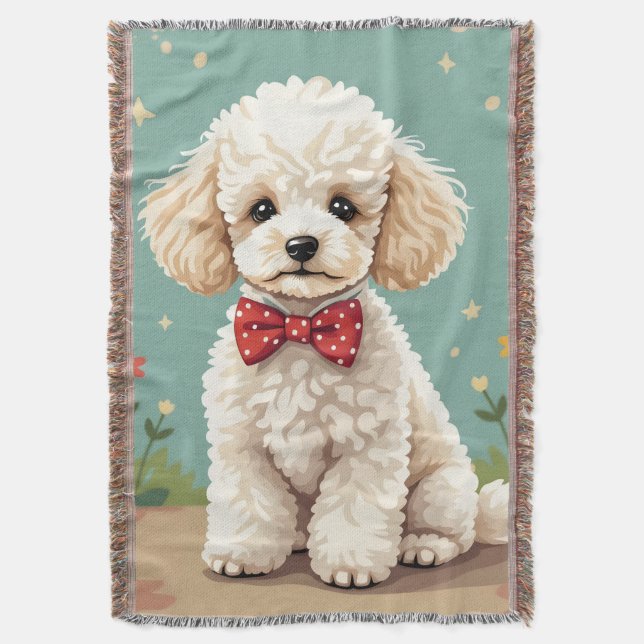 Couverture Poodle blanc adorable avec noeud papillon (devant Vertical)