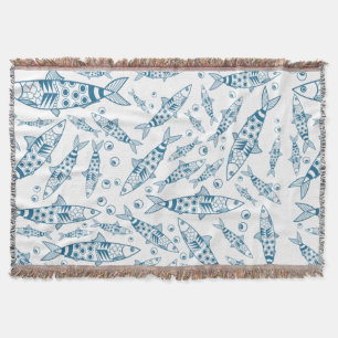 Couverture Portugais Lisbonne Sardines Motif Azulejos Blanc