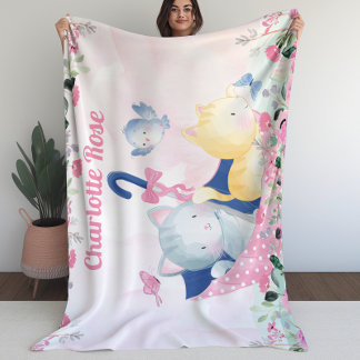 Couverture pour fille avec fleurs roses et chatons