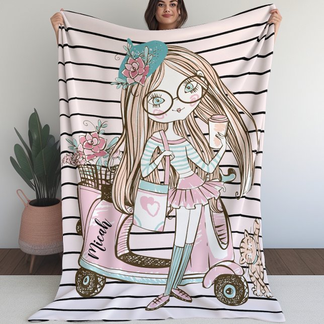 Couverture pour filles avec fille et chat avec sco (Blanket for Girls with Girl and Cat With Scooter (L))