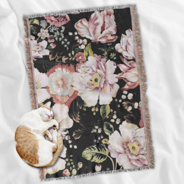 Couverture Preppy bohème pays girly chic noir floral (Preppy bohemian country girly chic black floral throw blanket)