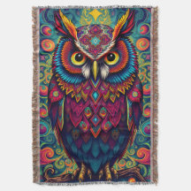 🌈 Psychedelic Owl Comfort – Boho Animal Throw Art
