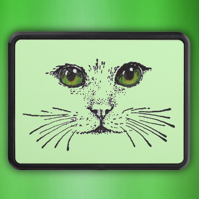 Couverture Remorque D'attelage Chat Face Vert Yeux Whiskers (Black cat face etching with vibrant green yellow eyes and whiskers on light green truck hitch cover.)