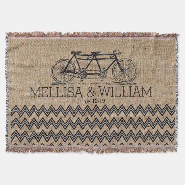 Couverture Retro Tandem Bicycle Chevron Burlap Mariage cadeau (Devant)