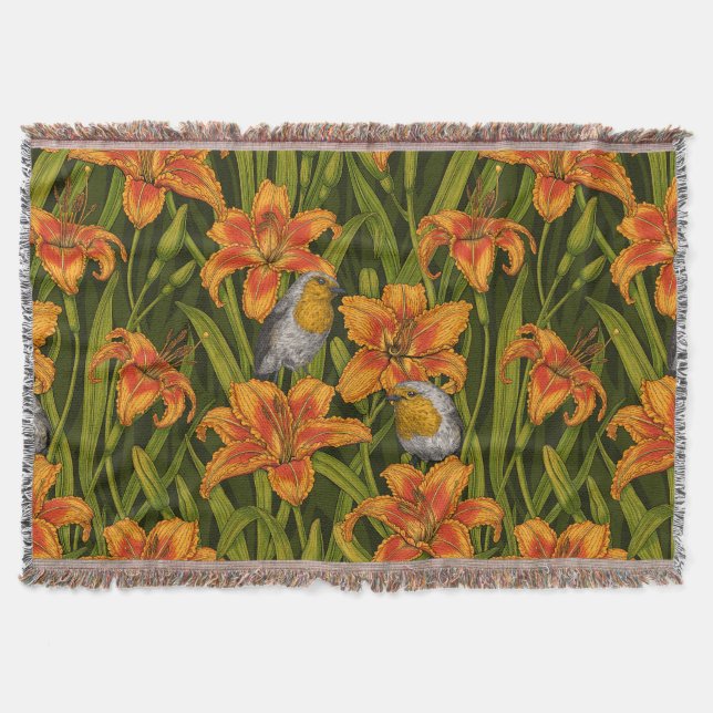 Couverture Robins et fleurs de lys, orange et vert foncé (Devant)