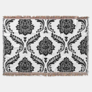 Couverture Rococo Damassé Grand Motif Noir sur Blanc