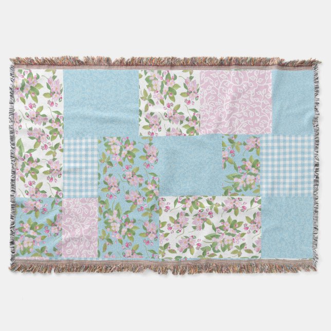 Couverture Rose, Bleu, Vert Pomme Fleur Faux Patchwork (Devant)