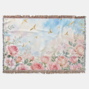 Couverture Roses aquarelles rêveuses et oiseaux dorés Fleurs 