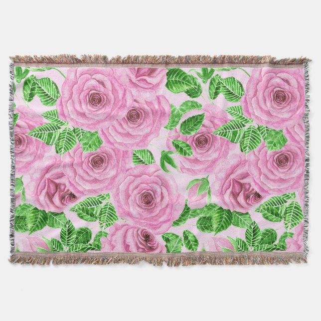 Couverture Roses d'aquarelle rose avec feuilles et pattes de  (Devant)