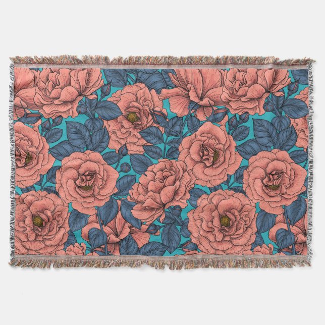 Couverture Roses roses avec feuilles bleus sur bleu (Devant)