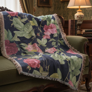 Couverture Roses vintages Sur Velours Bleu Foncé