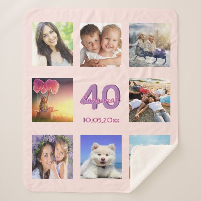 Couverture Sherpa 40e anniversaire blush rose or nom photo collage (Devant)
