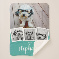 4 Photo Collage Nom du script Blanc Turquoise