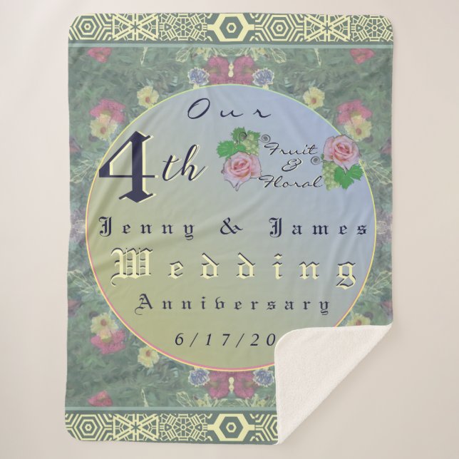 Couverture Sherpa 4th Year Wedding Anniversary Green&Blue Flower (Devant)