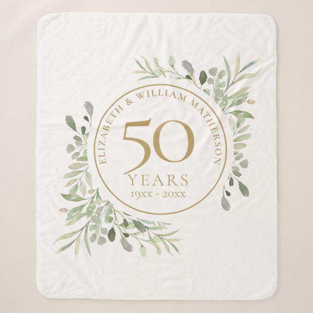 Couverture Sherpa 50e anniversaire Mariage or Aquarelle Verdure (Devant)