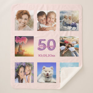 Couverture Sherpa 50e anniversaire rose or blush photo nom