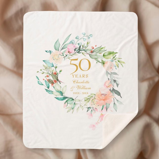 Couverture Sherpa 50e Golden Wedding Anniversary Floral Garland (Créateur téléchargé)
