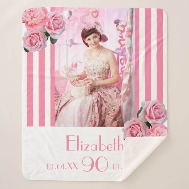 Couverture Sherpa 90e anniversaire rose rayures blanches florales ph (Devant)