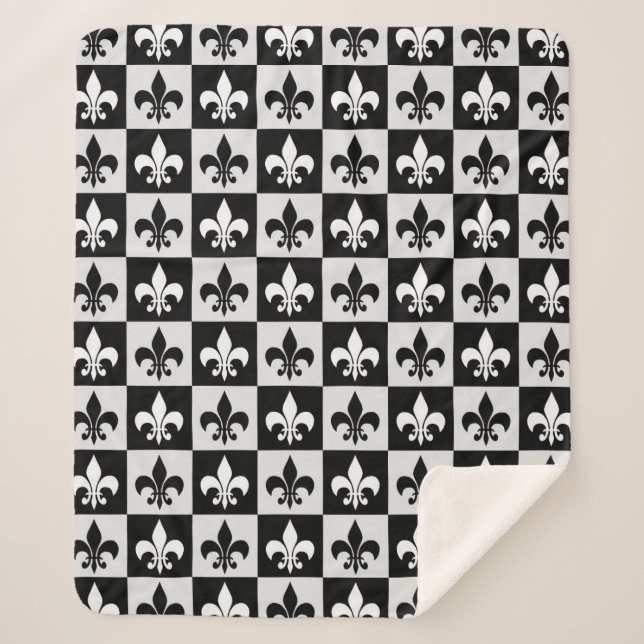 Couverture Sherpa à damiers Blanc Noir Fleur-De-Lis Motif (Devant)