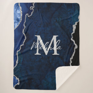 Couverture Sherpa Agate de marbre bleu marine et argenté