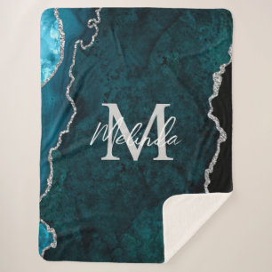 Couverture Sherpa Agate de marbre bleu turquoise et argenté