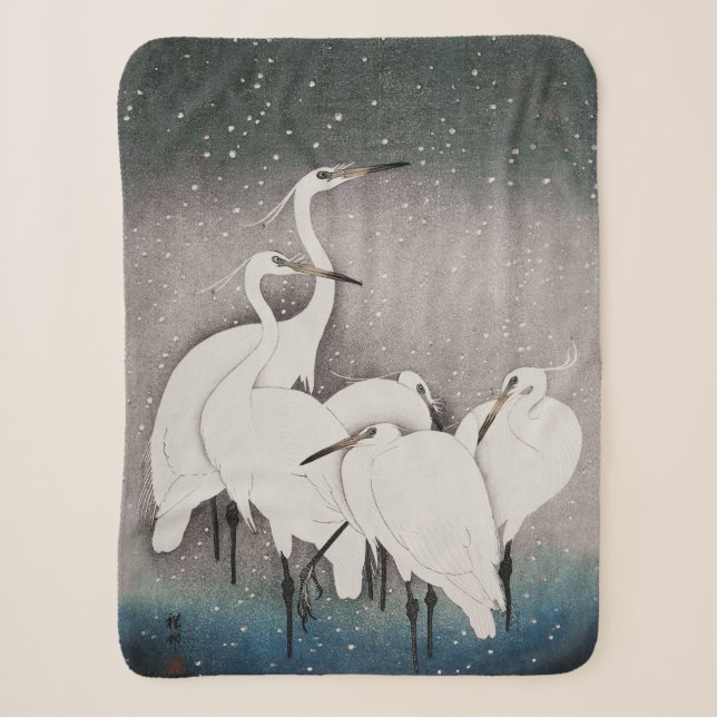 Couverture Sherpa Aigrettes japonaises Grues Koson Neige d'hiver (Devant)