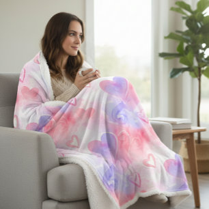 Couverture Sherpa Amour de lavis pastel rose violet cœur