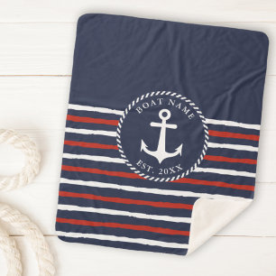 Couverture Sherpa Ancre nautique Marine Bleu Blanc Rouge Nom du bate
