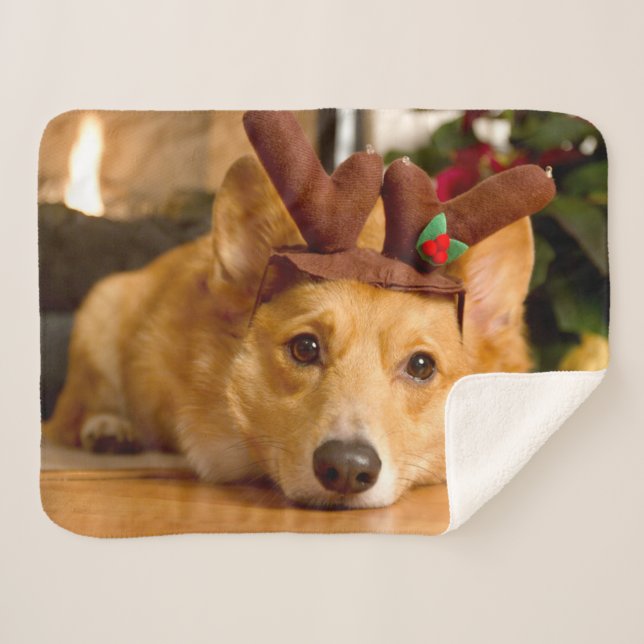 Couverture Sherpa Animaux de bébés cutest | Corgi Christmas Reindeer (Devant (Horizontal))