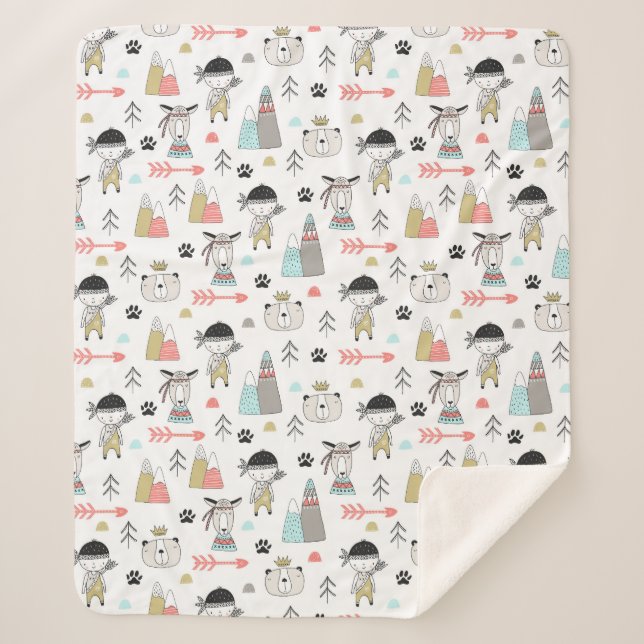 Couverture Sherpa Animaux mignons de région boisée et motif indien (Devant)