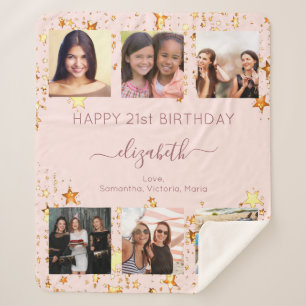 Couverture Sherpa Anniversaire blush rose or amis étoiles photo