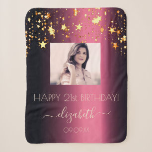 Couverture Sherpa Anniversaire Bourgogne or étoiles rose photo