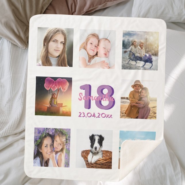 Couverture Sherpa Anniversaire photo collage blanc nom pourpre (Créateur téléchargé)