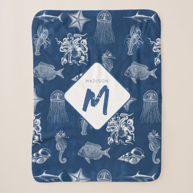 Couverture Sherpa Aquarelle bleu marine Océan Animaux marins Monogra (Devant)