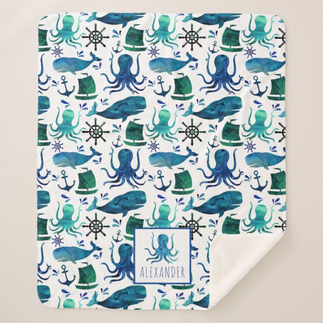 Couverture Sherpa Aquarelle bleue Nautique Sous La Mer Octopus (Devant)