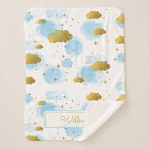 Couverture Sherpa Aquarelle bleue Nuages Gold Stars Sky