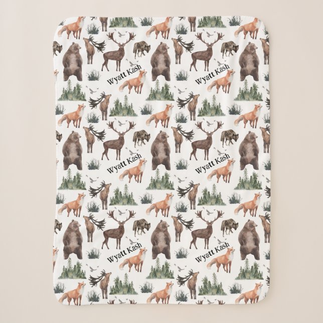 Couverture Sherpa Aquarelle Bois Forêt Animaux Nom (Devant)