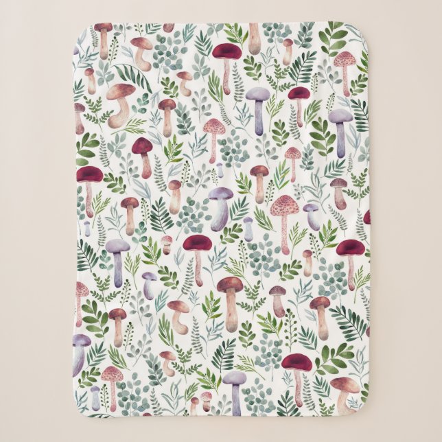 Couverture Sherpa Aquarelle Champignons et verdure feuille motif (Devant)