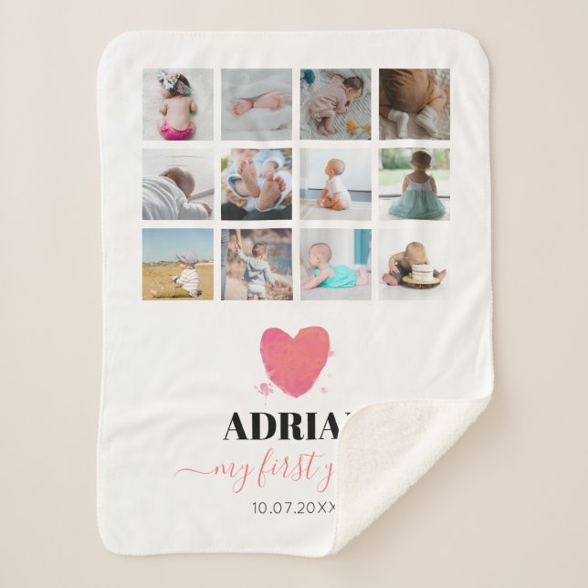 Couverture Sherpa Aquarelle Coeur bébé première année photo Collage (Devant)