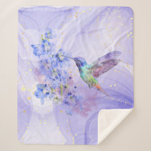 Couverture Sherpa Aquarelle Colibri bleu violet fleurs du jardin